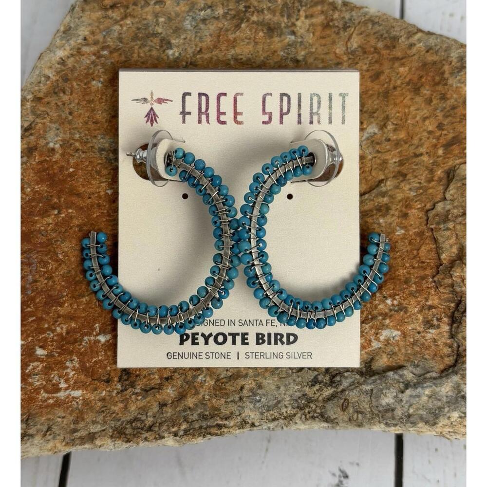 Peyote Bird Free Spirit‎ Sterling Silver Genuine Stone Beaded Hoop Earrings J026